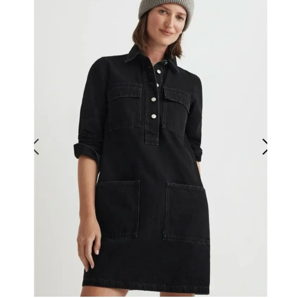 Madewell Popover Mini Patch Pocket Clean Black Denim Shirtdress US Womens M